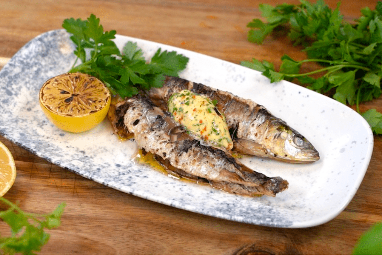 Fire Roasted Sardines With Burnt Chilli, Garlic & Lemon Butter