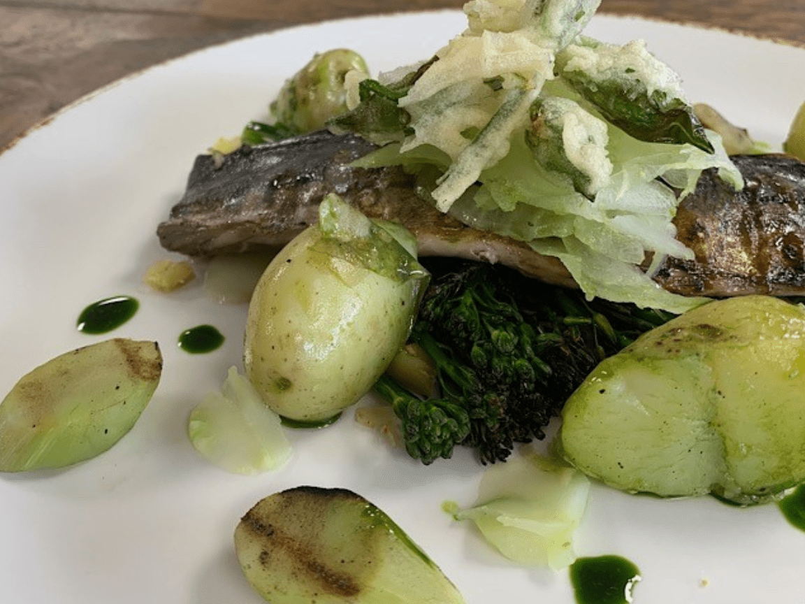 Grilled Mackerel, Sprouting Broccoli Stem & Kimchi, Jersey Royals