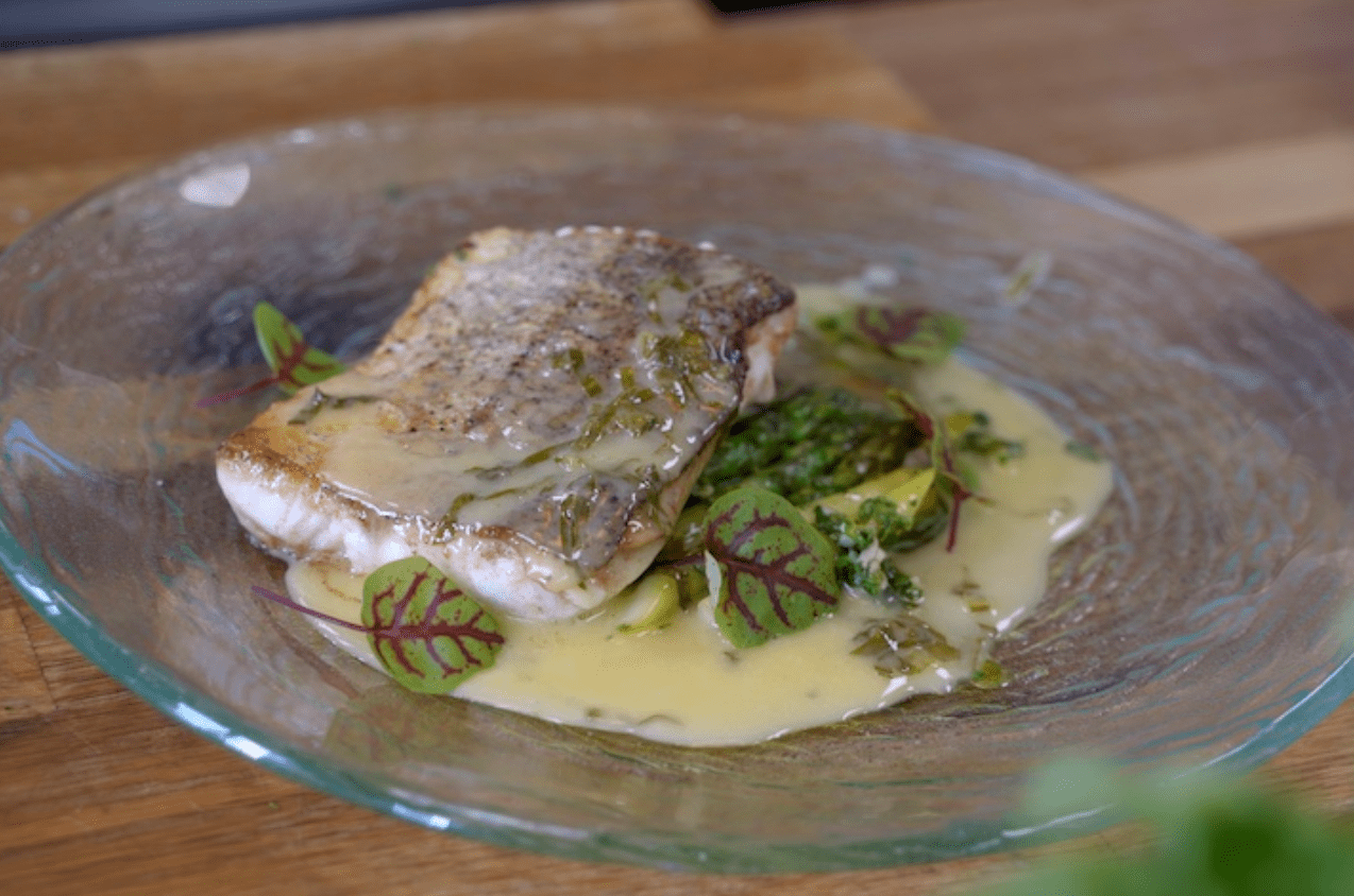 Pan Fried Hake, Sorrel Butter Sauce, Fresh UK Asparagus & Gremolata