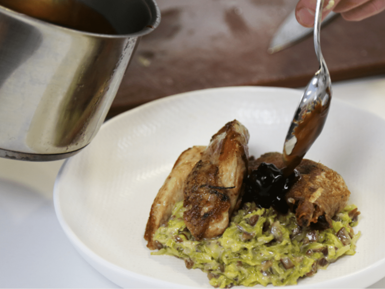 Roasted pheasant breast, confit leg, creamed sprouts and chestnuts